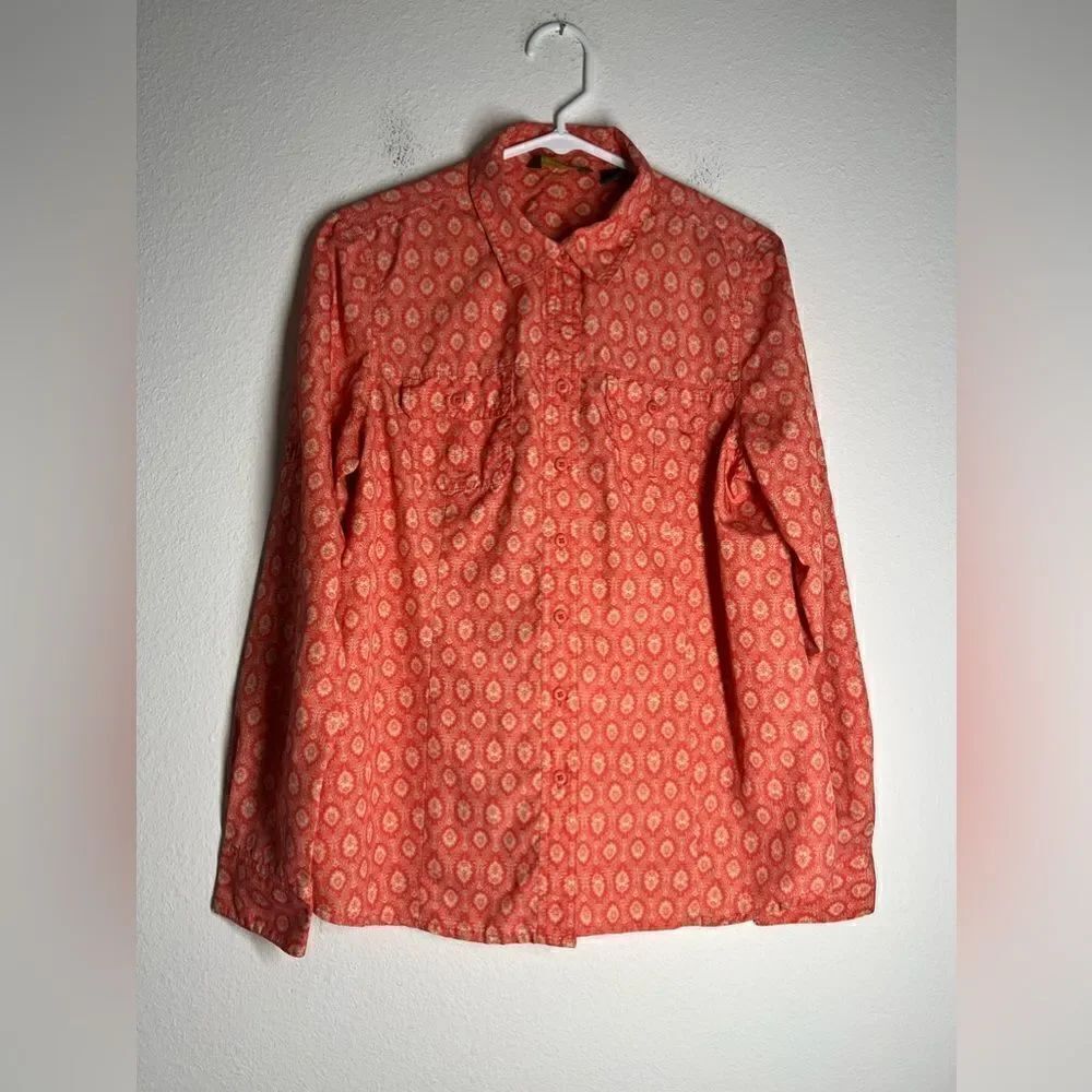 Eddie Bauer Blouse Misses  M Polyester Wind Shirt Orange Ivory Breast Pockets